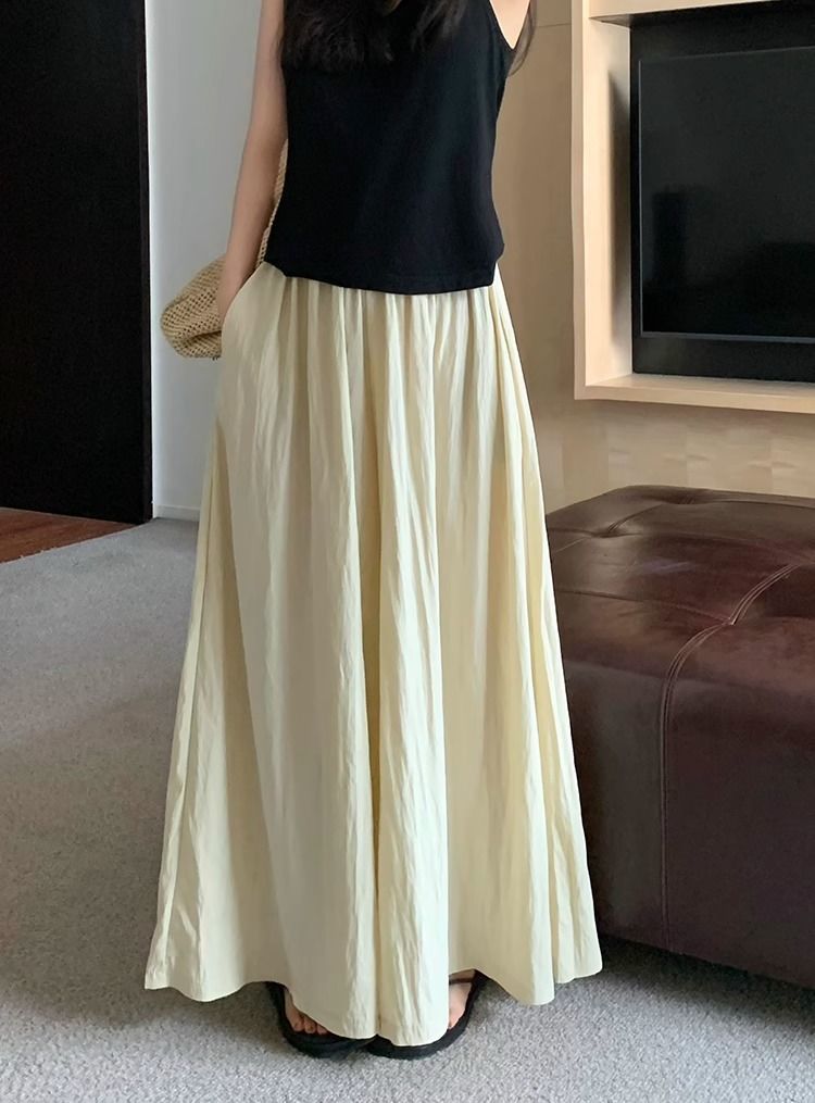 Textured casual trousers for women new retro high waist slim design solid color wide leg skirt pants_voghion.com