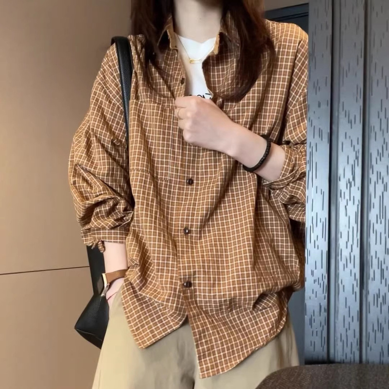 Retro Niche Relaxed Brown and Yellow Plaid Shirt for Women, Loose Casual Lazy Style Versatile Layering Shirt Jacket