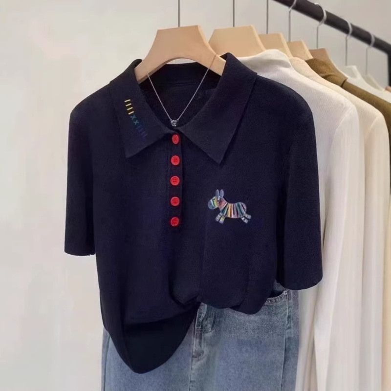 Brother's Exclusive Store Quality Summer New Style Navy Blue Rainbow Pony Trendy Youthful Fashion Polo Collar Short-Sleeve T-Shirt