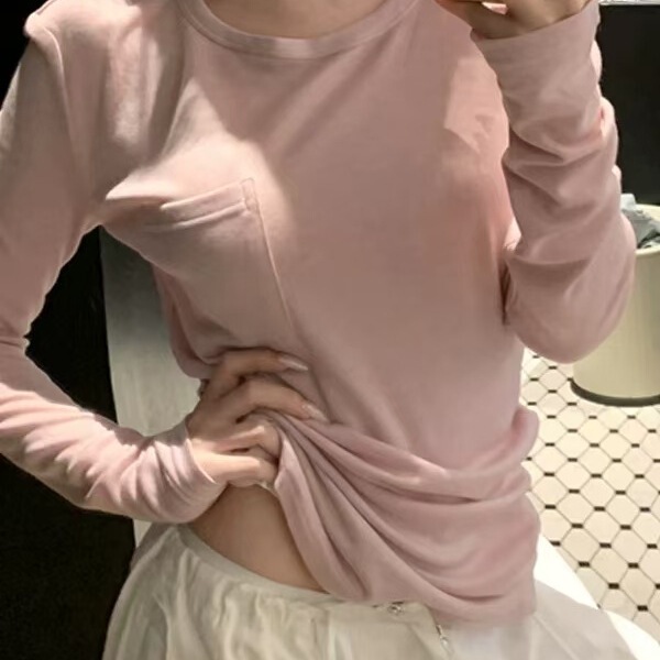Cross-Border Wholesale Autumn and Winter Rayon 260g Sweet Elegant Round Neck Tie Flap Pocket Pants Slim Long-Sleeved T-Shirt Women's Bottoming Shirt