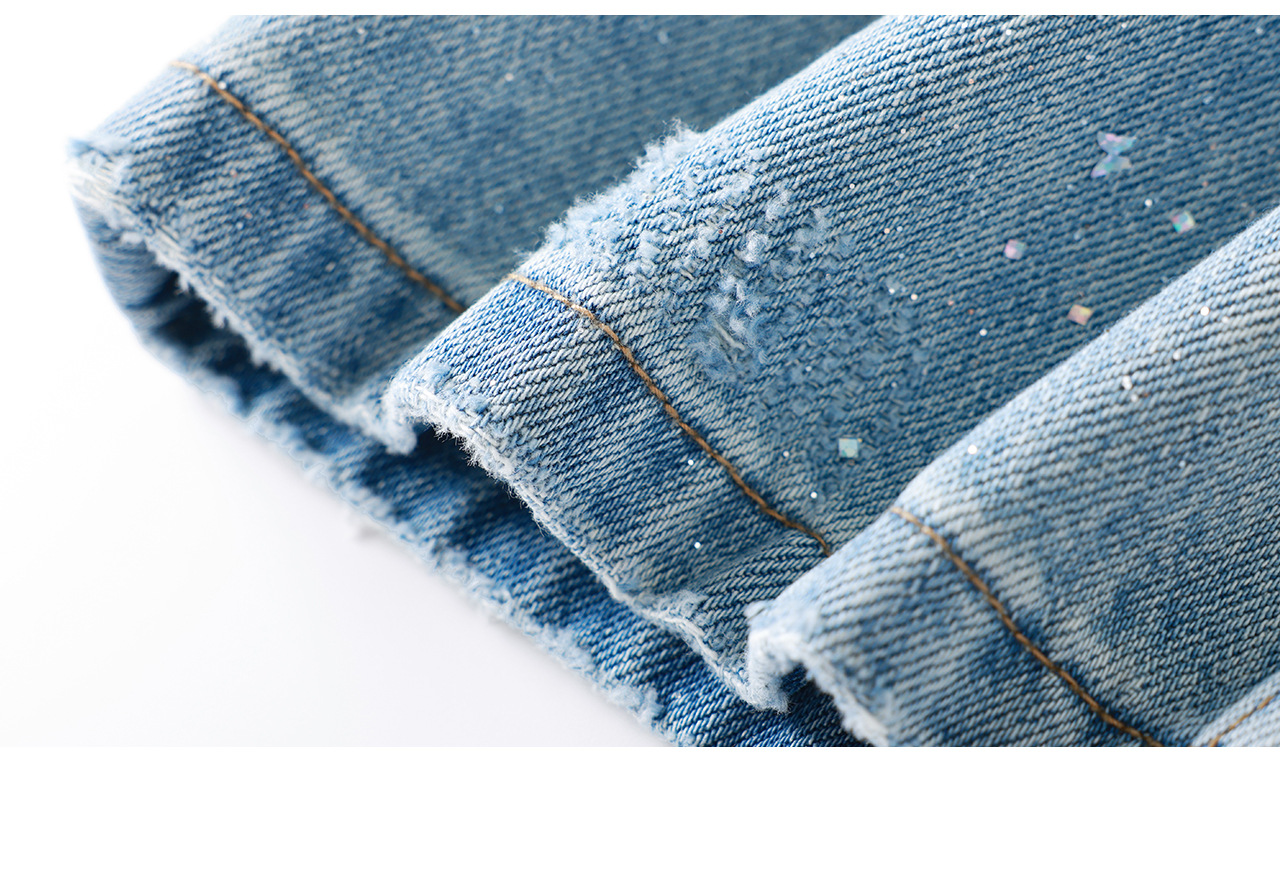 Quần jean nữ ống rộng cạp cao chất cotton mài trắng phối sequin bướm — xanh lam chi tiết 29