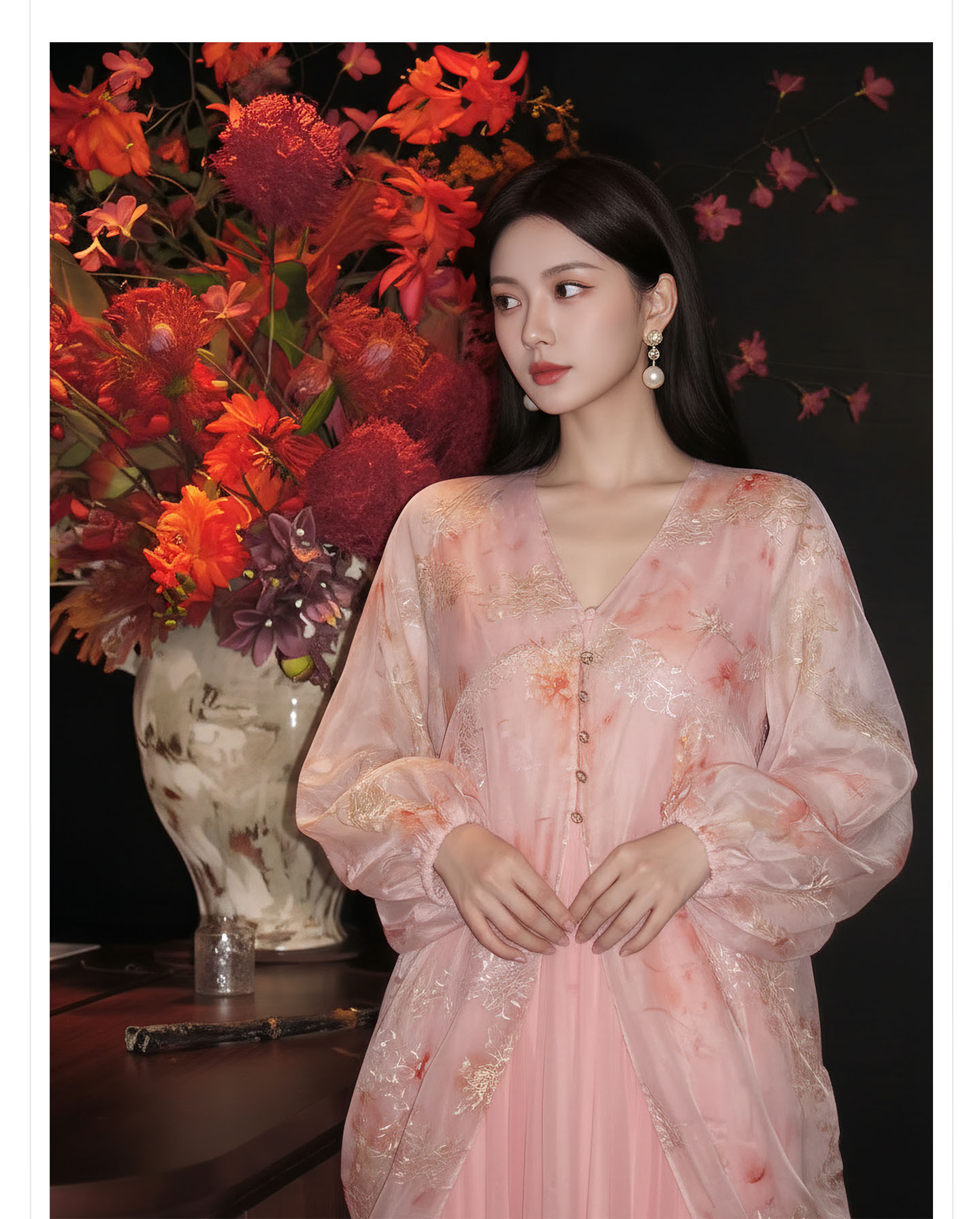 Đầm maxi nữ thắt eo phong cách tân cổ điển, cổ xẻ tà, tay ngắn, họa tiết hoa nhí trên vải voan lưới, thêu kim tuyến và cúc bọc vải — màu hồng chi tiết 2
