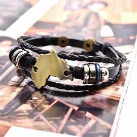 Temu热卖跨境非洲地图款木珠串珠皮手链 图案锌合金编织手链