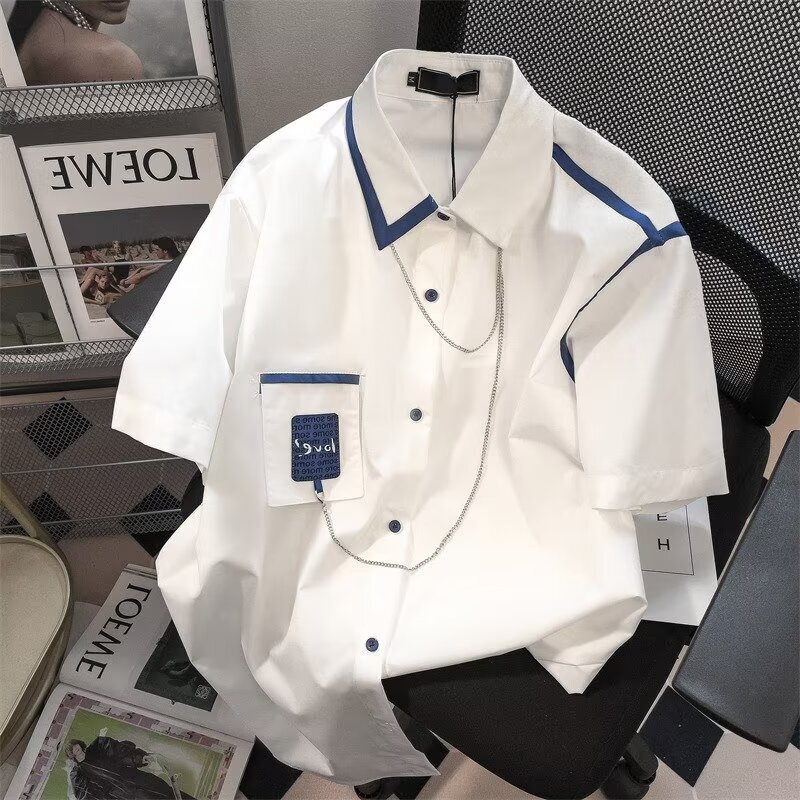 Youth Design Niche Ins Hong Kong Style Contrasting Color Necklace Shirt for Men and Women Summer Loose Retro Chic Short Sleeves
