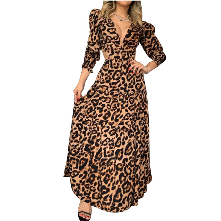 Leopard Print Cut Out Long Sleeve Slim Dress NSHHF75788