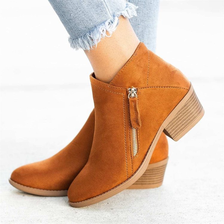 Women's Mid Heel Ankle Boots With Side Zipper Pointed Toe_voghion.com