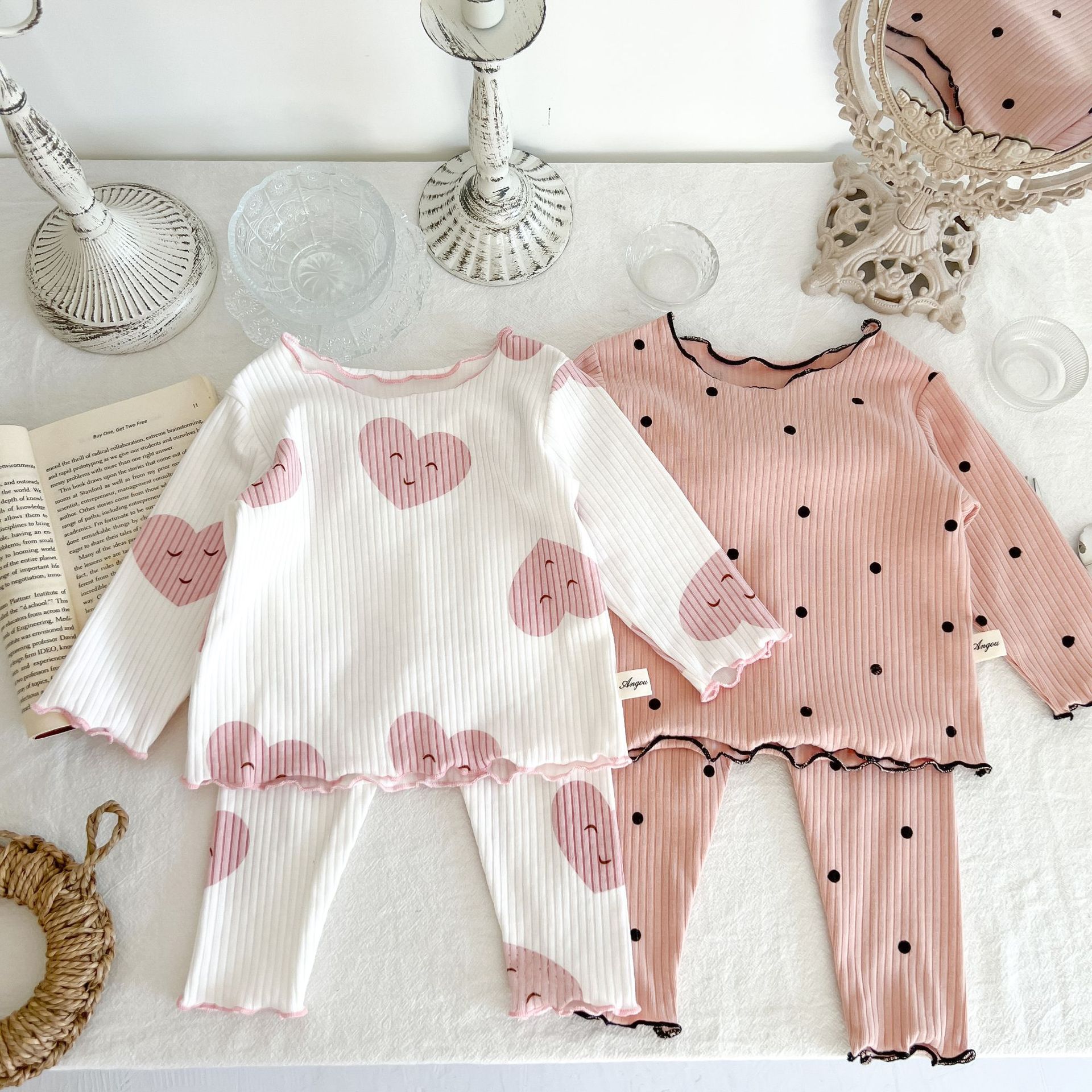 Baby home clothes Autumn new girl baby's long sleeve pit rib cotton nightgown two-piece set with wooden ear edge