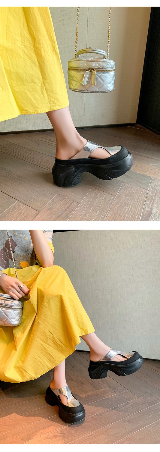 Dép sandal nữ da thật họa tiết da báo đế xuồng cao gót 9 cm — Trang chủ, màu đen, bạc chi tiết 38