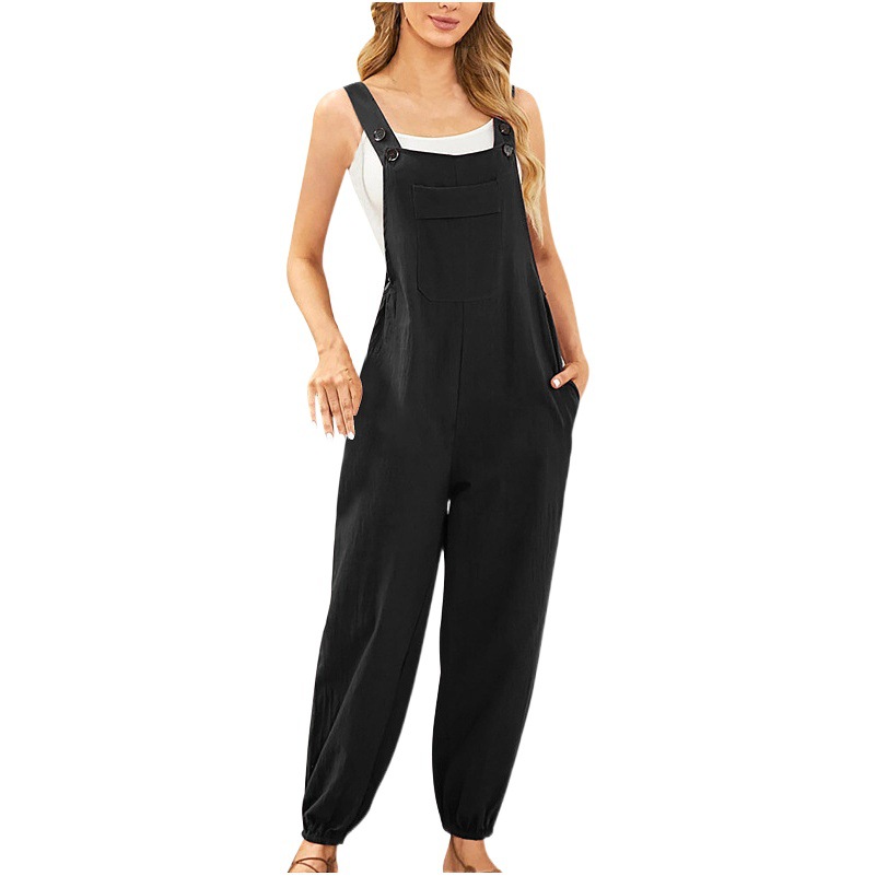Nueva ropa de mujer transfronteriza europea y americana de algodón y lino mono bolsillo pantalones de la Liga Amazon casual pantalones lápiz