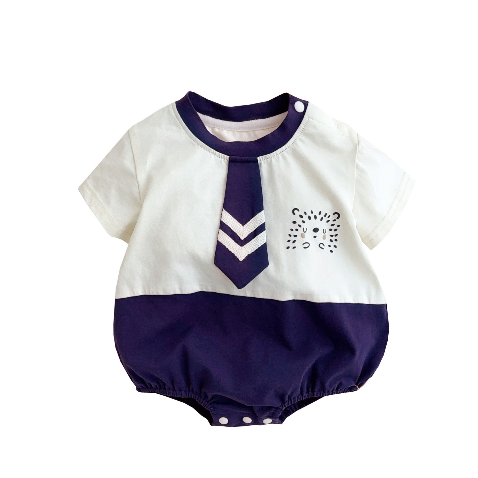 Ropa de bebé estilo fino de verano estilo universitario estilo empalme de manga corta ropa de pedo estilo occidental dibujos animados de bebé masculino escalada corta verano