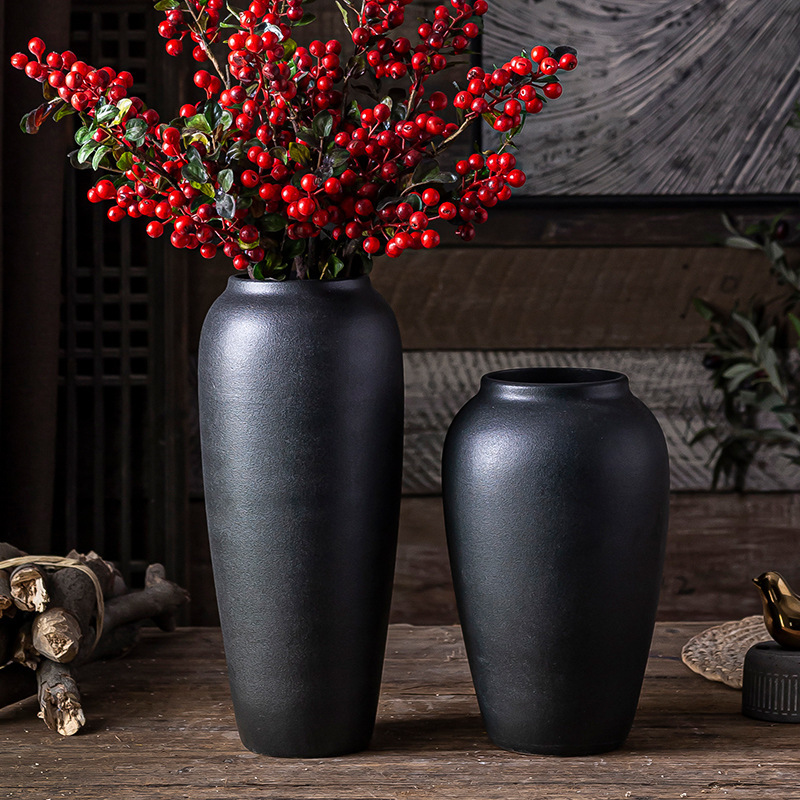 Ceramic Stoneware Vintage Black Pottery Pot Vase Ornaments Black Pottery Living Room Silver Willow Floor Large Holly Dried Flower Flower Arranging