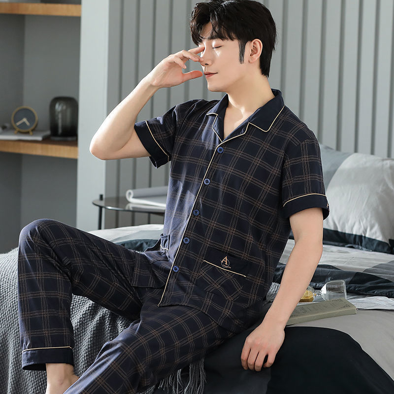 Pijamas de algodón para hombre primavera y verano pijamas de manga corta para hombre otoño fino algodón solapa ropa para el hogar conjunto