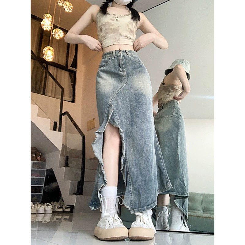 Нерегулярная средняя длинная джинсовая девушка лето новый волнистый с открытой вилкой с высокой талией юбка рыбий хвост