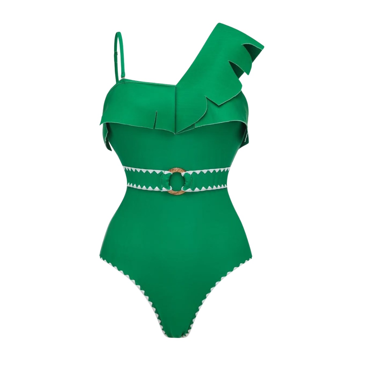 One-Shoulder Ruffle Monokini Swimsuit - Eco-Friendly Quick-Dry Swimwear Set With Sarong (Green Floral/Solid, Sizes S-XL)_ecoleips.com