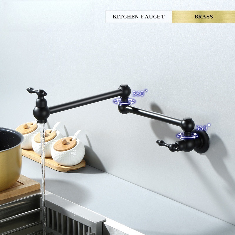All-copper kitchen folding faucet, cold and hot washing basin, soup pot, stove, water filling, outdoor garden, balcony, black double-opening details Picture
