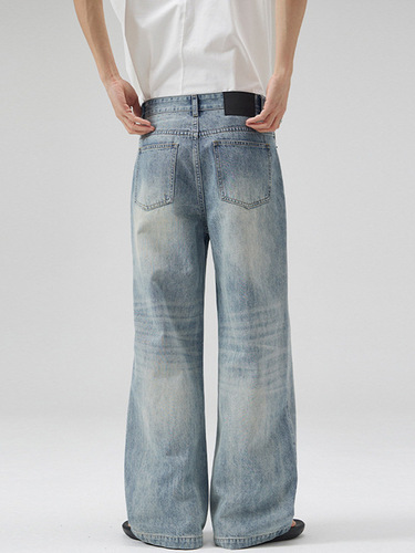 LKTM men's wear #washed blue and white gradient contrast A-line jeans men's fashion brand loose casual straight floor trousers