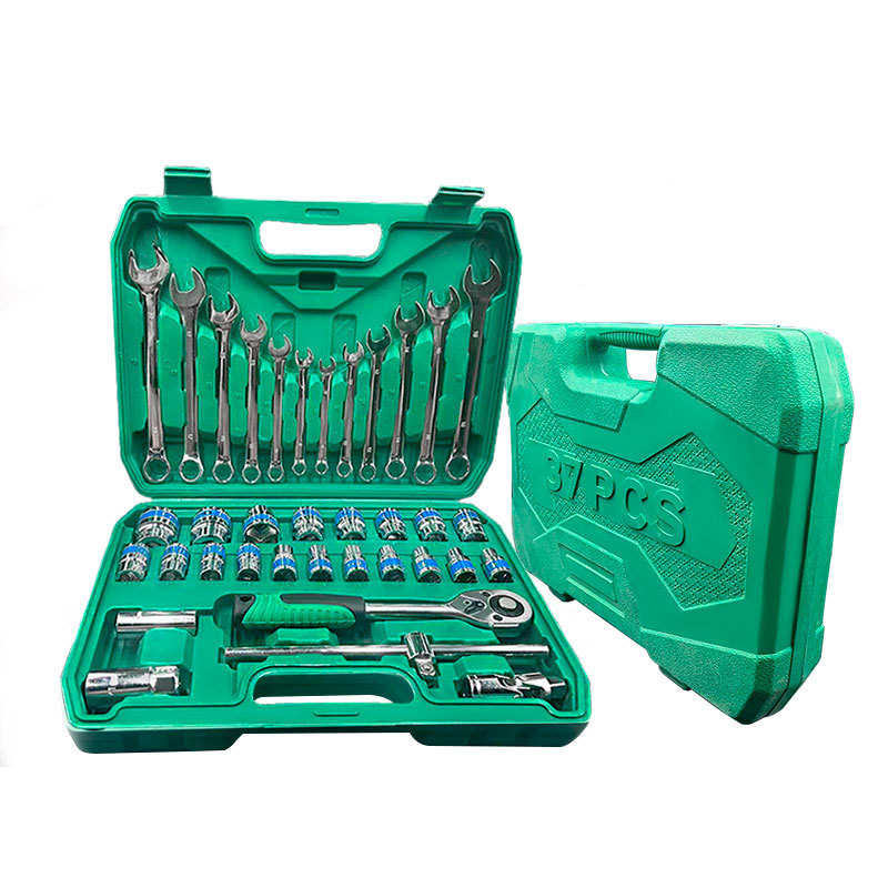 Personalizado 37 piezas conjunto de herramientas de reparación automotriz trinquete llave abierta llave de manguito doméstica combinación de caja de herramientas de banda azul