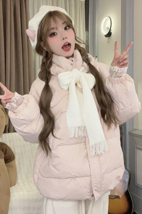 学院风棉服女可爱风小个子外套新款保暖棉衣可拆卸围巾敲可爱粉色