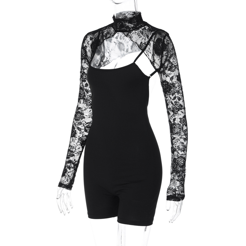 Women Clothing Spring Sexy Slim Strap Jumpsuit Lace Cappa Set