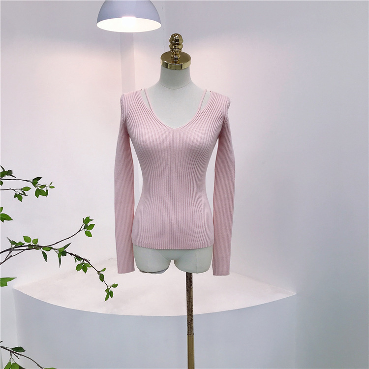 高品質】ジ・ヒョウと同じスタイルの深いVネック、肩出し、凹凸のあるストライプ、イレギュラーウエスト、背中見せニット、万能でセクシーなトップス