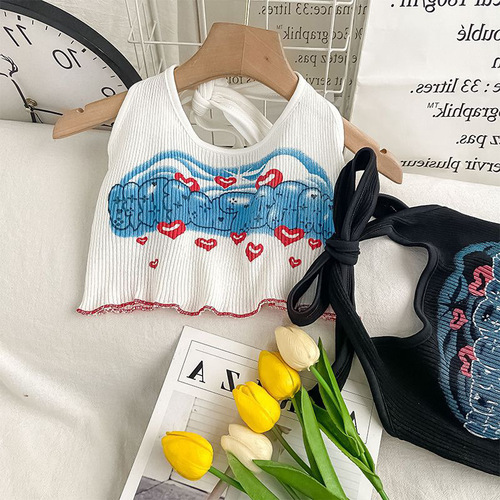 Summer Girls' Tank Top Strappy Baby Trendy Kids Personality Hip Brand Korean Version Heart Necklace Off-the-Shoulder Tank Top with Outerwear