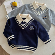 男童假两件秋冬新款学院风百搭时髦酷帅针织开衫外套洋气小童毛衣