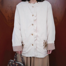 日系森系木耳领灯芯绒加棉棉衣女秋冬新款刺绣口袋减龄加厚外套女