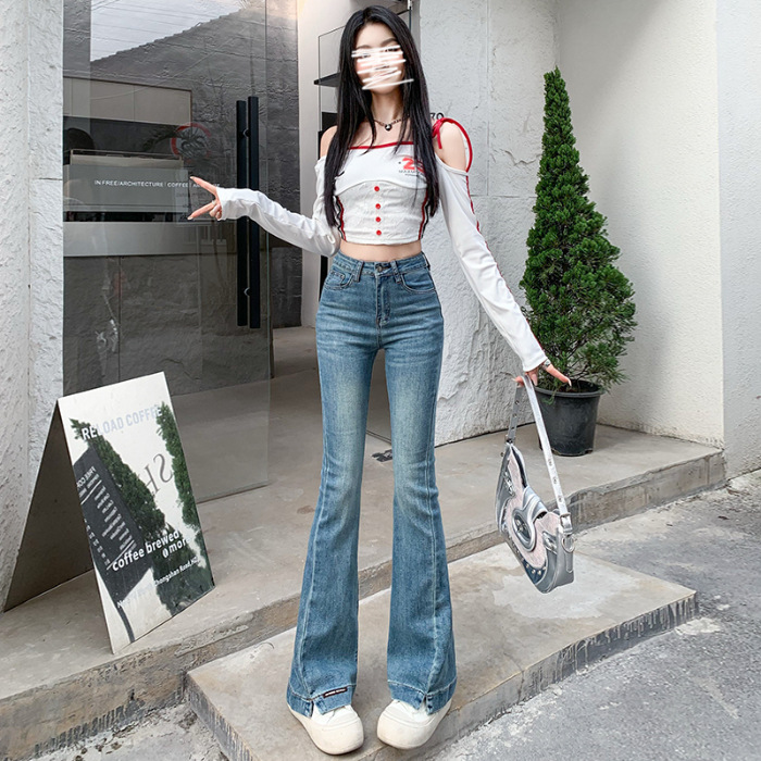 浅蓝色小开叉微喇牛仔裤女2025秋季新款弹力修身显瘦高腰喇叭裤子|undefined
