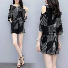 东南亚外贸夏季两件套洋气女装镂空上衣时尚大码胖mm短裤套装批发