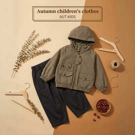 男童工装连帽外套2026秋季新款儿童复古多口袋拉链上衣中小童夹克