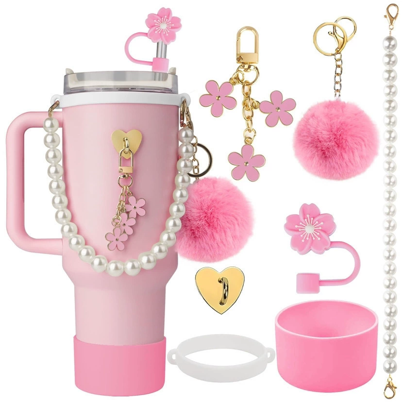 Стэнли, подходящая соломенная крышка с цветком, силиконовая изолированная крышка для чашки для воды, жемчужная ручная веревка, набор подвесок для волос