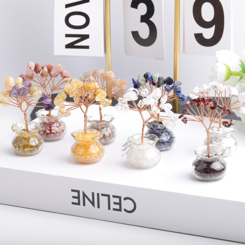 Natural Crystal Gravel Money Tree Hand-Woven Home Car Desktop Mini Crystal Tree Fortune-Enhancing Ornament