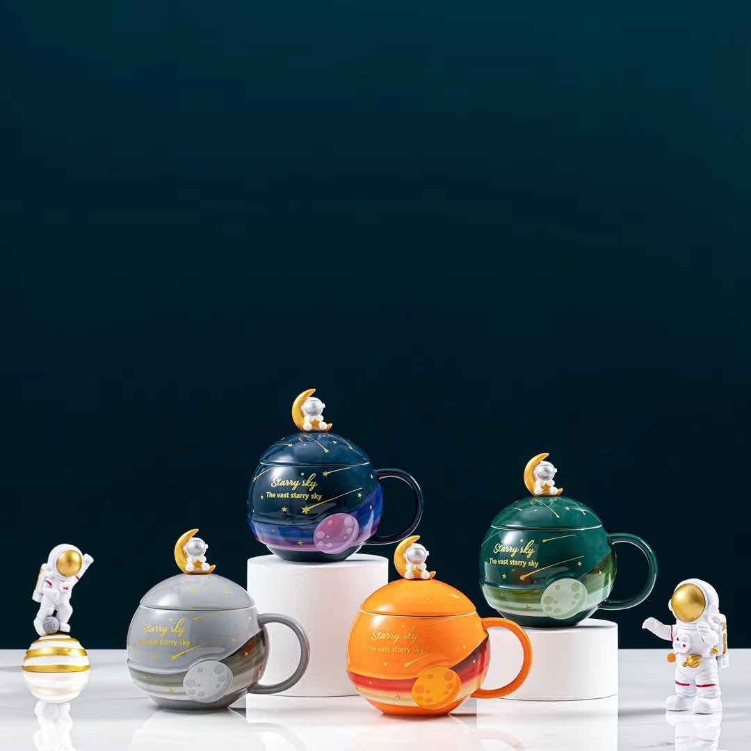 Estilo nórdico creativo taza con tapa cuchara astronauta regalo personalidad Oficina Taza de cerámica