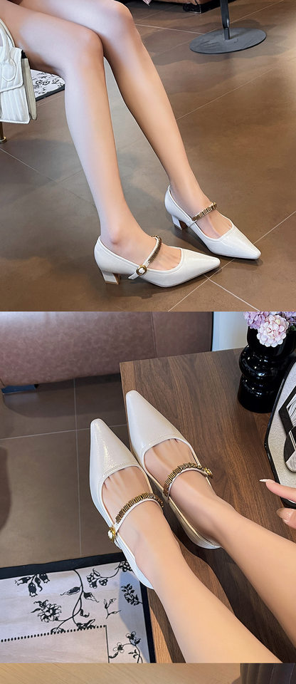 Giày cao gót nữ mũi vuông gót dày quai ngang đính xích, phong cách thanh lịch — Màu trắng nhạt, nâu, đen chi tiết 6