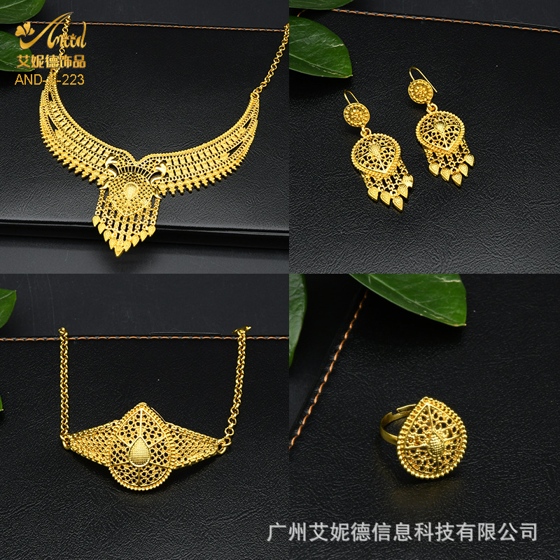 24K chapado en oro de las mujeres árabes collar nupcial pendientes anillo pulsera traje de la joyería de las mujeres indias en stock