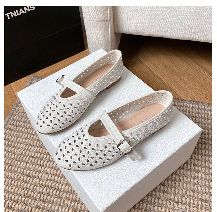 Giày búp bê nữ mũi tròn đế bằng thêu chỉ thoáng khí — Màu đen, Trắng sữa chi tiết 17
