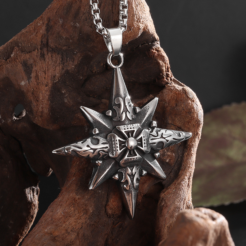 Cross-border foreign trade jewelry wholesale five-star compass cross compass men's vintage titanium steel necklace pendant Cross-border foreign trade jewelry wholesale five-star compass cross compass men's vintage titanium steel necklace pendant