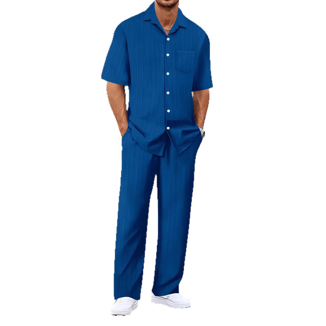 Lässiges Herren-Set aus Hemd und Hose, zweiteilig, ideal für den Alltag im Frühling, mit Wellenmuster, Kurzarm und bequemer Passform_voghion.com
