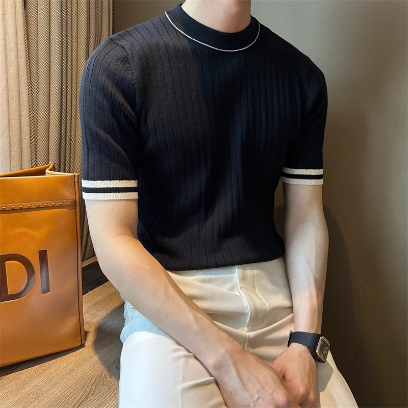 Verano nuevo estilo suéter de manga corta hombres a juego rayas delgado negocios seda de hielo camiseta transpirable comercio exterior al por mayor transfronterizo