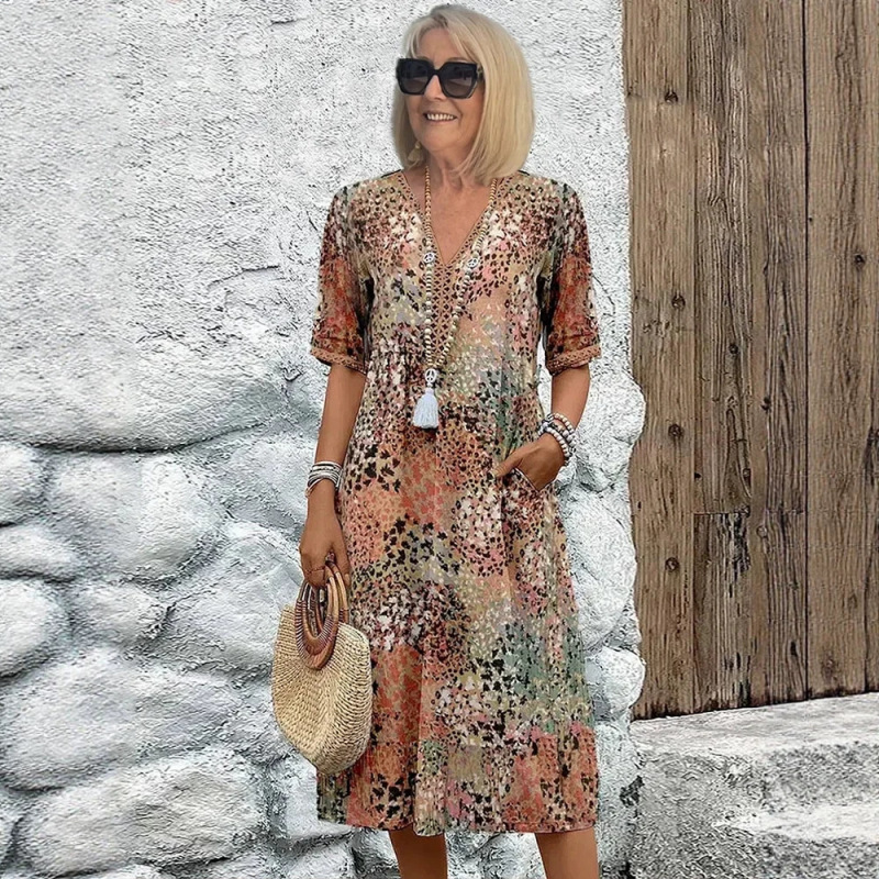 2026 Cross-Border European and American Style Abstract Face Print Dress V-Neck Three-Quarter Sleeve Loose Plus-Size Artistic Long Dress