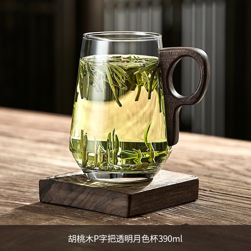 [나무손잡이 P자] 투명 역입 찻잔 390ML