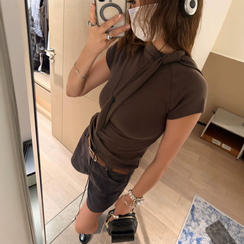 Half-collar tie design versatile stretchy T-shirt for women, spicy girl style, short style with contrasting color and small flutter sleeves, wholesale