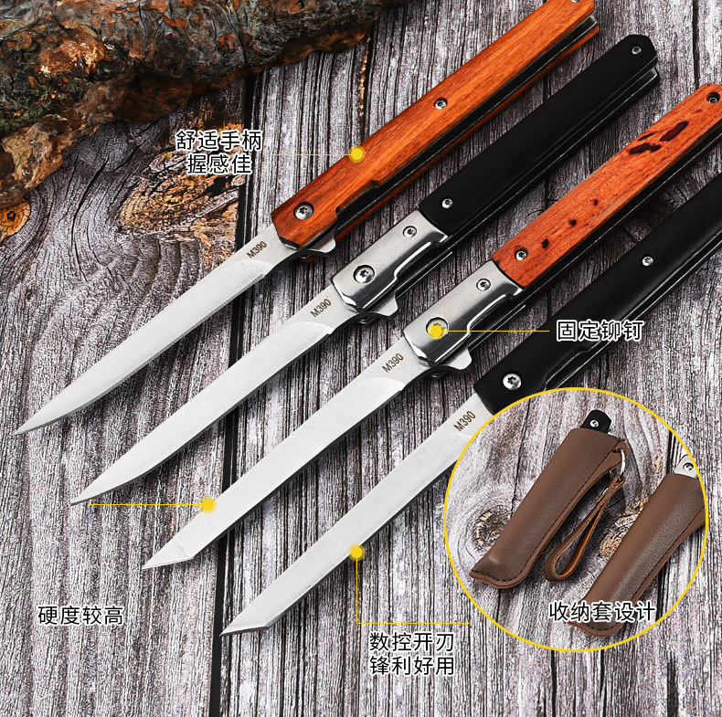 现货野营檀木柄折刀小刀带皮套户外刀具不锈钢折叠刀水果刀餐刀