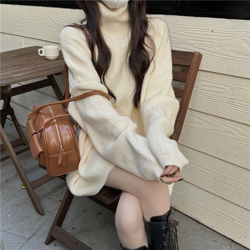 한국 스타일 레트로 2024 새로운 중간 길이 겨울 하이 칼라 게으른 스웨터 니트 언더 슈트 누락 루즈 탑 트렌디