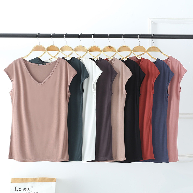 夏の薄いモデルのモーダルの袖なしのtシャツの女性vネックの半袖の上着のゆったりした大きいサイズのベストのカジュアルな純色の底のシャツ