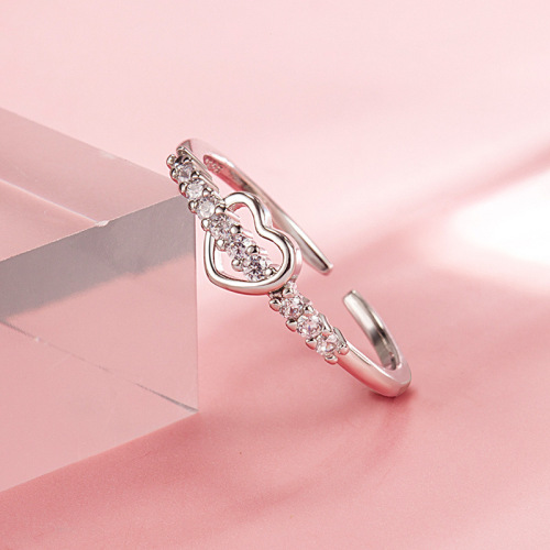 Simple row of diamonds, hollow love ring for women, girly heart, sweet and forest style small fresh hand ornaments, fashionable personality and high-end sense