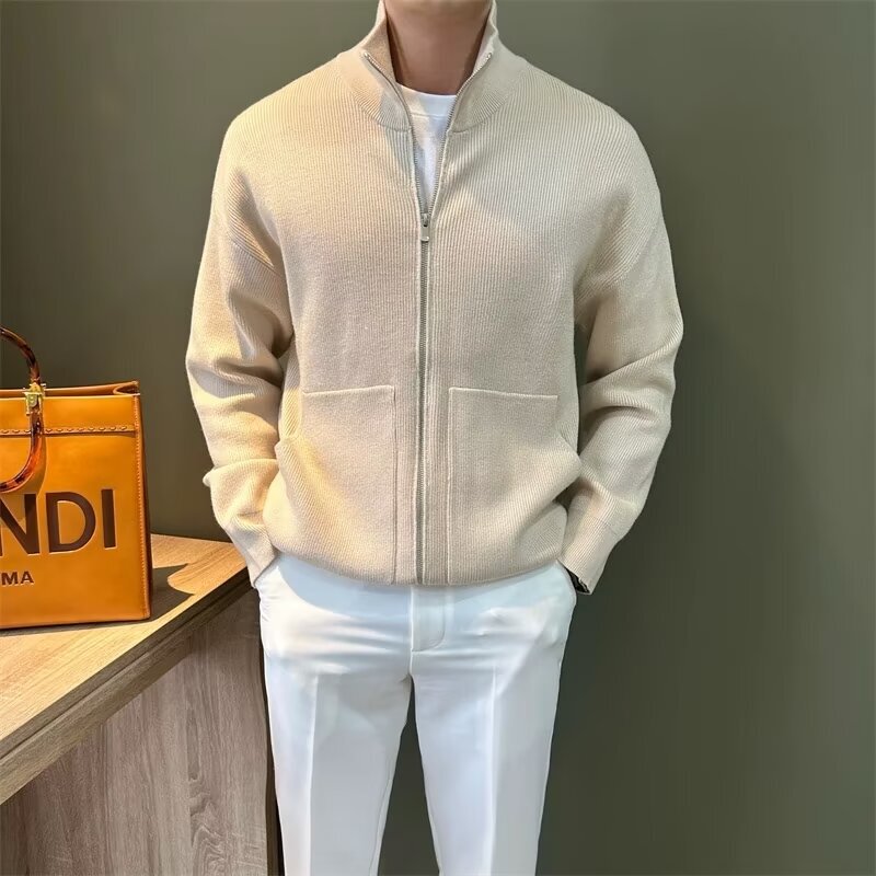 All-match Solid Color Zipper Cardigan Men's Knitwear Autumn and Winter British Slim-fit Sweater Jacket Men's Vertical Collar Half-height Outer Wear