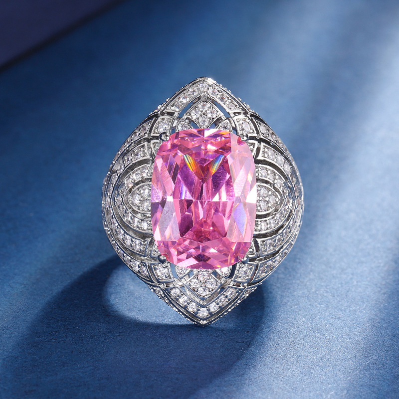 Zhuang Sheng joyería cobre inferior chapado en oro simulación Rosa diamante grasa rectangular Luz de lujo industria pesada traje colgante anillo 12*16