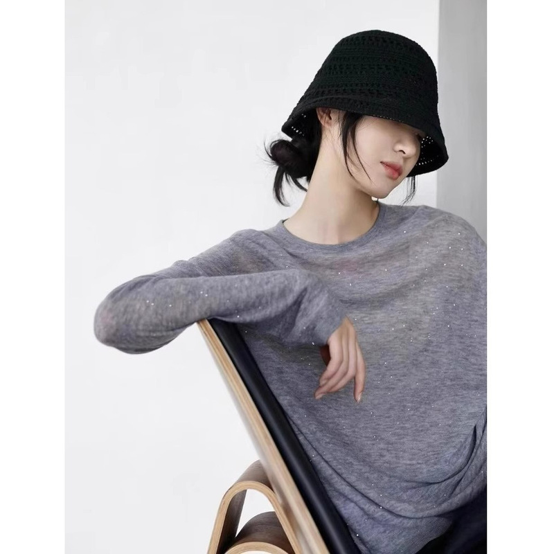 Minimalist Gray Fine Glitter Sunscreen Long-Sleeved T-Shirt European Design Slim Thin Bottoming Top