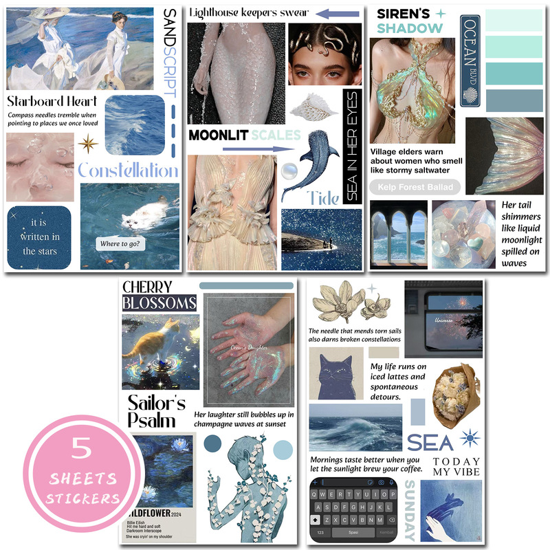 New Product 5 Korean Cut Film Stickers Retro Blue Ocean Handbook Stickers Ins Collage DIY Decorative Material Painting